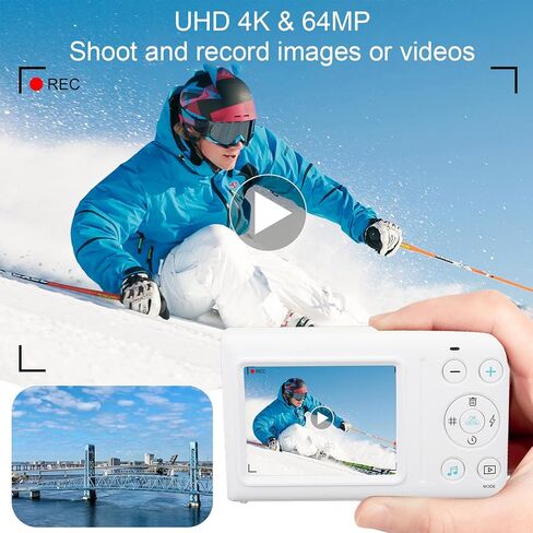 كاميرا رقمية، كاميرا للأطفال بدقة 4K بدقة 64 ميجابكسل، كاميرات رقمية للتصويب والتقاط الصور مع تكبير رقمي 18X، ميكروفون مدمج، كاميرا تسجيل فيديو محمولة مضادة للاهتزاز ومضادة للاهتزاز، صغيرة الحجم in Kuwait