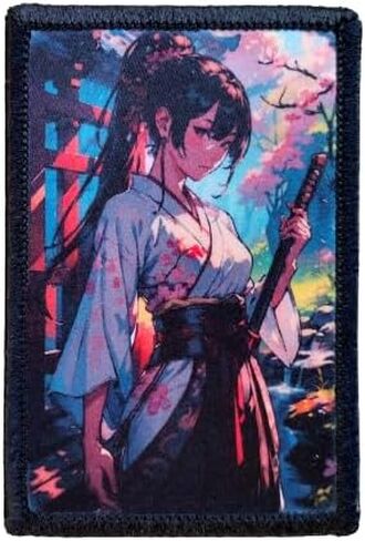 رقعة معنويات Anime Samurai Girl - 2 × 3 رقع خطافية وحلقة لمعدات مولي، وقبعة المشغل، وحقيبة الظهر، وحقيبة الظهر، والإكسسوارات التكتيكية والعتاد، صنع في الولايات المتحدة الأمريكية in Kuwait