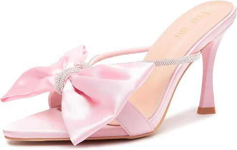 Jiu du Women's Bow Heels Sandals Rhinestone High Cheels High Cheels مدببة إصبع القدمين على البغال الكعب in Saudi Arabia