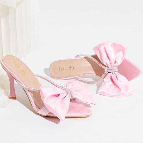 Jiu du Women's Bow Heels Sandals Rhinestone High Cheels High Cheels مدببة إصبع القدمين على البغال الكعب in Saudi Arabia