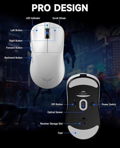 ماوس الألعاب اللاسلكي VGN Dragonfly F1 MOBA، خفيف الوزن 55 جرام، مستشعر بصري PAW3395 26K DPI، إحساس النقر باللمس الأمثل، ما يصل إلى 200 ساعة، دعم الاقتراع 4000 هرتز، ماوس الرياضات الإلكترونية، أبيض in Kuwait