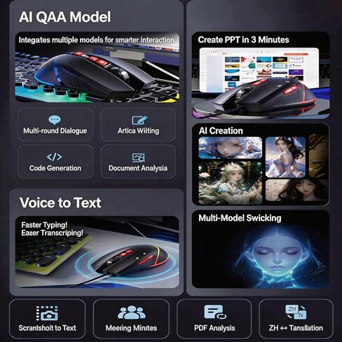 【 التوصيل والتشغيل 】 2026 كمبيوتر محمول جديد AI ذكي ترجمة صوتية ماوس سلكي يمكن التحكم فيه صوتيًا في الكتابة - يمكن تبديل وضع 12000DPI-AI ووضع اللعبة بين بعضهما البعض in Kuwait