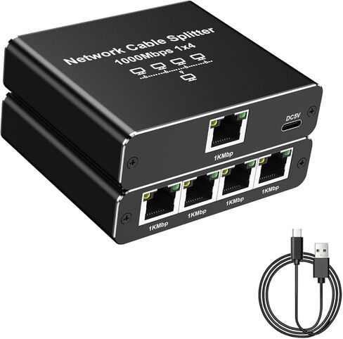 موزع جيجابت إيثرنت 1 إلى 4 - مقسم شبكة مع كابل طاقة USB، محول إنترنت RJ45 بسرعة 1000 ميجابت في الثانية لكابل Cat 5/5e/6/7/8 [4 أجهزة متصلة بالشبكة في وقت واحد] in Kuwait