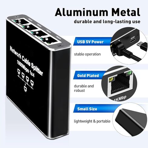 موزع جيجابت إيثرنت 1 إلى 4 - مقسم شبكة مع كابل طاقة USB، محول إنترنت RJ45 بسرعة 1000 ميجابت في الثانية لكابل Cat 5/5e/6/7/8 [4 أجهزة متصلة بالشبكة في وقت واحد] in Kuwait
