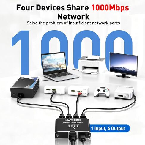 موزع جيجابت إيثرنت 1 إلى 4 - مقسم شبكة مع كابل طاقة USB، محول إنترنت RJ45 بسرعة 1000 ميجابت في الثانية لكابل Cat 5/5e/6/7/8 [4 أجهزة متصلة بالشبكة في وقت واحد] in Kuwait