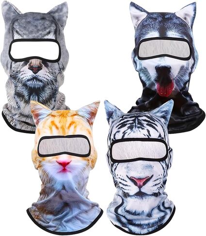 4 PCS 3D Cat Ski Mask,Cat Shiesty Face Mask Balaclava with Ears, Breathable Funny Ski Mask,Suitable for Skiing,Biking,Gathering,Halloween(Cat,Dog,Tiger) Yellow in Kuwait