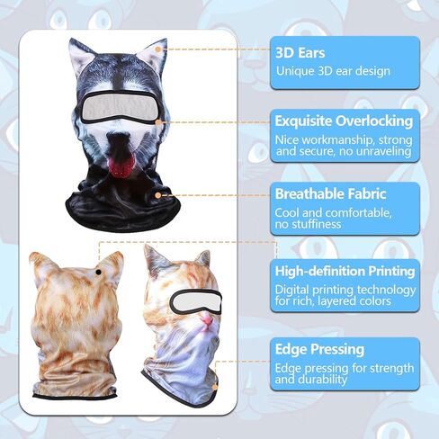 4 PCS 3D Cat Ski Mask,Cat Shiesty Face Mask Balaclava with Ears, Breathable Funny Ski Mask,Suitable for Skiing,Biking,Gathering,Halloween(Cat,Dog,Tiger) Yellow in Kuwait