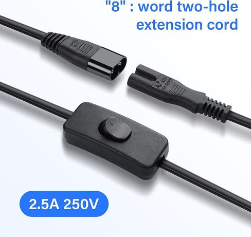 C8 إلى C7 مع كابل تمديد التبديل، تيار متردد 250 فولت 2.5 أمبير IEC 320 C8 إلى C7 مع كابل محول طاقة تمديد للتلفزيون الذكي والشاشة ومصباح المكتب والمزيد (1.5 متر/4.9 قدم) in Kuwait