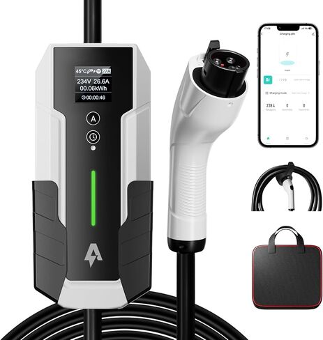 ANDEMAN المستوى 2 شاحن EV 32Amp، 7.68KW شاحن السيارة الكهربائية المحمولة 240V، SAE-J1772 وNEMA 14-50 التوصيل، الشحن المجدول، تيار قابل للتعديل، التطبيق الذكي، كابل 25 قدم للمركبات الكهربائية والهجينة in Saudi Arabia