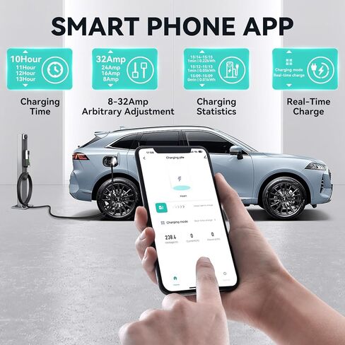 ANDEMAN المستوى 2 شاحن EV 32Amp، 7.68KW شاحن السيارة الكهربائية المحمولة 240V، SAE-J1772 وNEMA 14-50 التوصيل، الشحن المجدول، تيار قابل للتعديل، التطبيق الذكي، كابل 25 قدم للمركبات الكهربائية والهجينة in Saudi Arabia