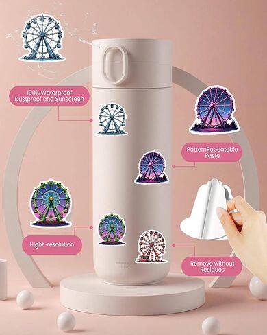 50pcs Cartoon Ferris Wheel Stickers Romantic Stickers Asthetic Ferris Wheel Sticker Scrapbooking Sticker for Water Bottle Laptop Skateboard Luggage Girl Party Favor Decor Ideal for Kids Boy Girl Teens in Kuwait