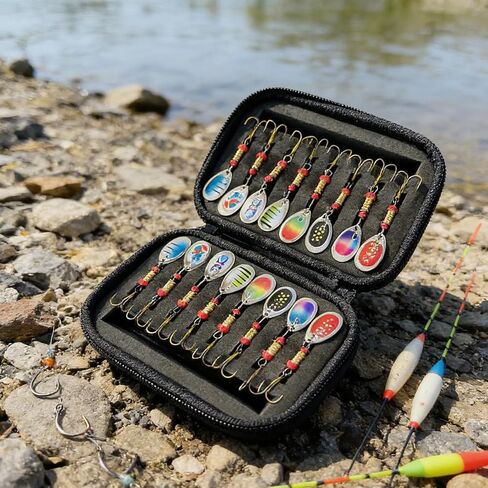 16Pcs Spinner Spoon Fishing Lures Set, 1.46in Hard Metal Baits with Treble Hooks for Bass Trout Pike, with Carry Case in Kuwait
