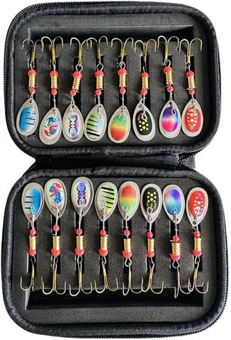 16Pcs Spinner Spoon Fishing Lures Set, 1.46in Hard Metal Baits with Treble Hooks for Bass Trout Pike, with Carry Case in Kuwait