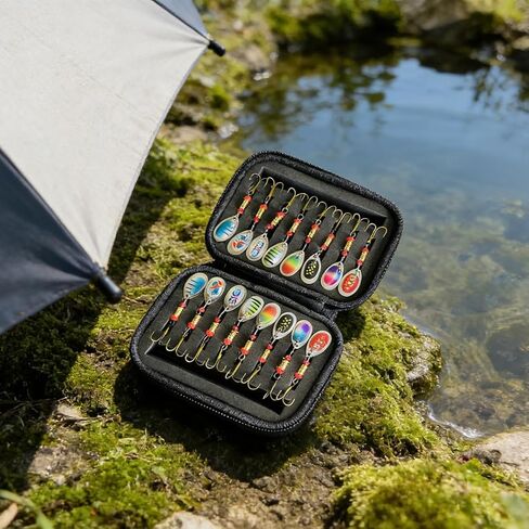 16Pcs Spinner Spoon Fishing Lures Set, 1.46in Hard Metal Baits with Treble Hooks for Bass Trout Pike, with Carry Case in Kuwait