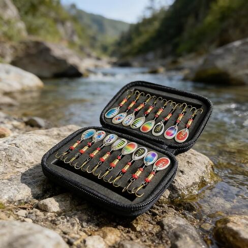 16Pcs Spinner Spoon Fishing Lures Set, 1.46in Hard Metal Baits with Treble Hooks for Bass Trout Pike, with Carry Case in Kuwait