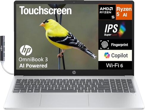 كمبيوتر محمول HP OmniBook 3 Copilot+ (الجيل التالي Pavilion) شاشة 15.6 بوصة تعمل باللمس FHD (AMD Ryzen AI 5 330 (> Snapdragon X)، 16 جيجابايت DDR5، 512 جيجابايت SSD، Radeon 820M، بصمة الإصبع، Win 11 Home) مع موسع منفذ USB DKZ in Kuwait