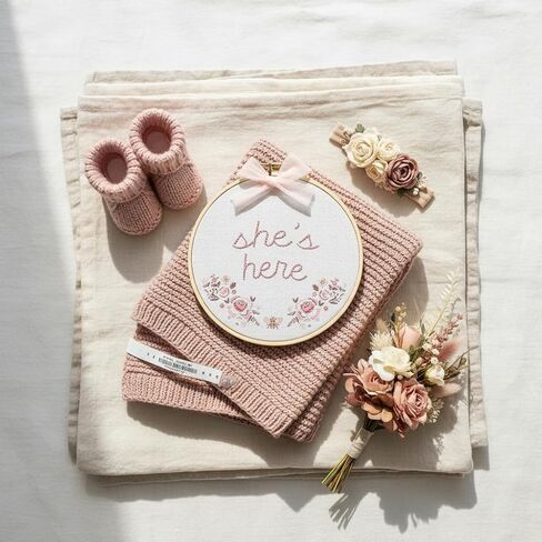 Kate & Milo She's Here Baby Announcement Photo Prop - نمط التطريز المطبوع لافتة وصول حديثي الولادة مع قوس وردي، طوق تطريز مطبوع عليه ورق الأزهار لصور الفتيات الصغيرات، والتقاط صور للمستشفى وحديثي الولادة in Kuwait
