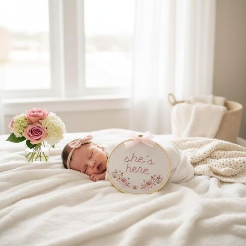 Kate & Milo She's Here Baby Announcement Photo Prop - نمط التطريز المطبوع لافتة وصول حديثي الولادة مع قوس وردي، طوق تطريز مطبوع عليه ورق الأزهار لصور الفتيات الصغيرات، والتقاط صور للمستشفى وحديثي الولادة in Kuwait