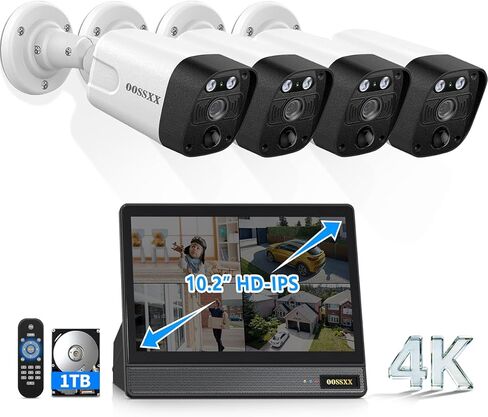 OOSSXX (جديد 2026) نظام كاميرا أمان 4K PoE خارجي، 8 قنوات NVR مع شاشة IPS مقاس 10.2 بوصة ومحرك أقراص ثابتة سعة 1 تيرابايت، 4 كاميرات، زاوية واسعة 130 درجة، اكتشاف الإنسان بالذكاء الاصطناعي، صوت ثنائي الاتجاه، بدون رسوم شهرية in Kuwait