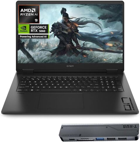 كمبيوتر محمول للألعاب HP OMEN مقاس 17.3 بوصة RTX 5060 AI Pro FHD IPS 144 هرتز، AMD Ryzen AI 9 365(Beats Intel i9)، ذاكرة الوصول العشوائي DDR5 سعة 32 جيجابايت، 1 تيرابايت SSD، لوحة مفاتيح RGB بإضاءة خلفية، ضوء أزرق منخفض، حزمة مع موزع Thunderobot 7 في 1 US in Kuwait