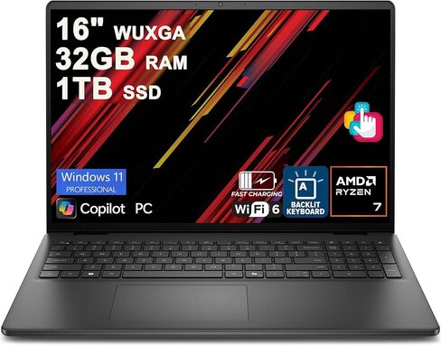 Dell 16 Laptop 16" WUXGA Touchscreen AMD 8-core Ryzen 7 250 32GB RAM 1TB SSD Backlit ExpressCharge WiFi6 for Creator Designer Business Professional Win11Pro in Kuwait