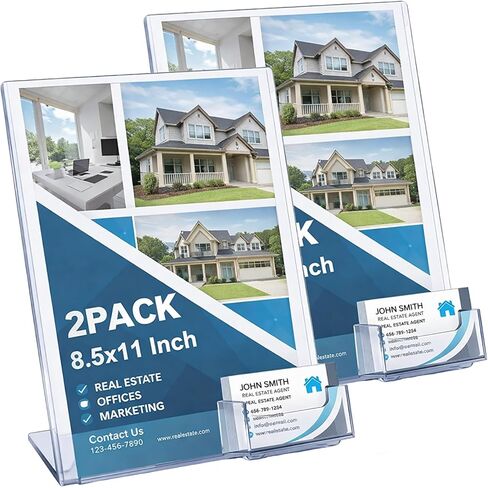 Vicenpal 8.5 x 11 Acrylic Sign Holder with Business Card Holder, Clear Brochure Display Stand Flyer Stand with Business Card Pocket for Magazine Pamphlet Booklets Menu Desktop(2 Pcs) in Saudi Arabia