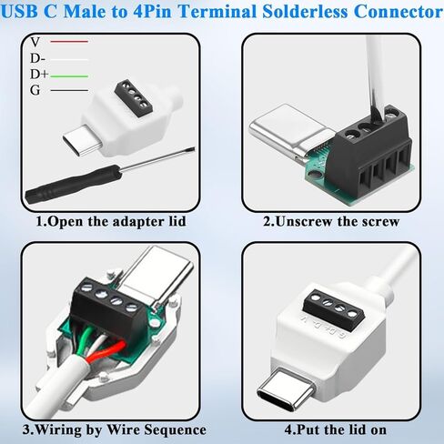 2Pack PD60W USB C 4Pin Crimp Solderless Adapter, USB Type-C Male to 4Pin Terminal, 20V 3A Fast Charging Data Connector (480Mbps), No Solder Plug for DIY Type-C to Type-C Cable Repair in Kuwait