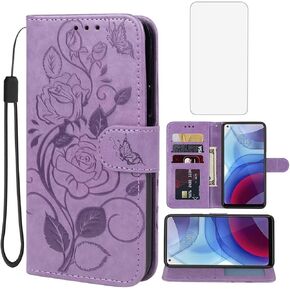 Case for Moto G Power 2021/Motorola G Power 2021 XT2117 Wallet Case with Tempered Glass Screen Protector, Flower Leather Flip Credit Card Holder Stand Cover for Motorola Moto G Power 2021 Blue in Kuwait