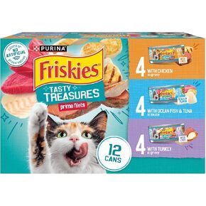 Purina Friskies Wet Cat Food Variety Pack, Tasty Treasures Prime Filets (With Ocean Fish and Tuna, With Chicken and With Turkey) - (Pack of 12) 5.5 oz. Cans in Kuwait