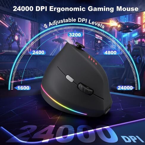 ماوس ألعاب لاسلكي TKMARS مع هزاز 5D، وضع ri، 24000 نقطة لكل بوصة، 12 زرًا قابلاً للبرمجة، ماوس مريح لنفق الرسغ، بلوتوث قابل لإعادة الشحن/2.4 جيجا/ماوس عمودي سلكي لألعاب الكمبيوتر المحمول in Kuwait