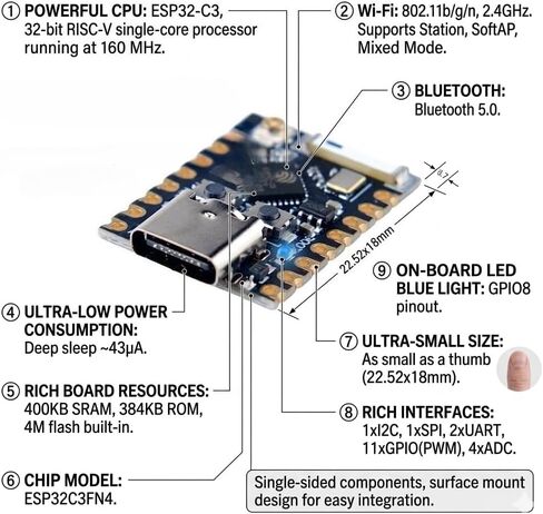 ESP32-C3 لوحة تطوير صغيرة مع هوائي خارجي، واي فاي بلوتوث 5.0، RISC-V 160 ميجاهرتز، فلاش 4 ميجابايت، لمشاريع Arduino IoT، 4 عبوات in Kuwait