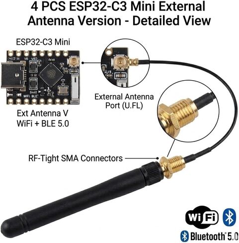 ESP32-C3 لوحة تطوير صغيرة مع هوائي خارجي، واي فاي بلوتوث 5.0، RISC-V 160 ميجاهرتز، فلاش 4 ميجابايت، لمشاريع Arduino IoT، 4 عبوات in Kuwait
