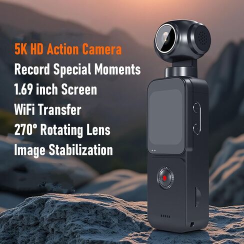 PUSOKEI Handheld Action Camera, 5K HD Vlogging Camera with 1.69" Touchscreen, 270 Rotating Lens, Anti Shake, Loop Recording, WiFi Body for Sports Travel in Kuwait