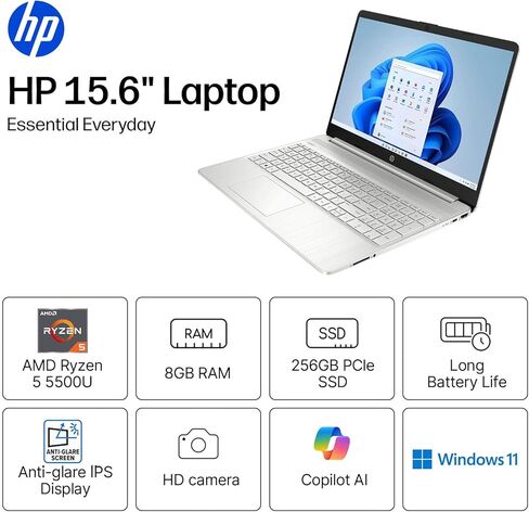 الكمبيوتر المحمول للأعمال HP مقاس 15.6 بوصة بدقة FHD • إصدار 2026 • AMD Ryzen 5 5500U • ذاكرة وصول عشوائي (RAM) سعة 8 جيجابايت • محرك أقراص PCIe SSD بسعة 256 جيجابايت • Copilot AI • Wi-Fi 6 • Windows 11 in Kuwait