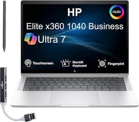 HP Elite x360 1040 Business 2-in-1 Laptop 14.0" Touchscreen OLED 2.8K Display (Intel Ultra 7-155H, 32GB LPDDR5X, 1TB SSD, Active Pen, Backlit KB, Fingerprint, Win 11 Pro) w/DKZ USB Port Expander in Kuwait