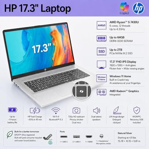 كمبيوتر محمول HP للأعمال مقاس 17.3 بوصة بدقة FHD مع Office 365 للويب، ومعالج AMD 7000 Series Ryzen (Beats Intel i7-1355U)، وCopilot AI، وذاكرة الوصول العشوائي 32 جيجابايت، و1 تيرابايت SSD، وHDMI، وWi-Fi 6، وWindows 11، وWOWPC USB، بدون ماوس in Kuwait