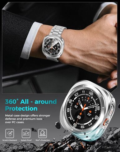 Goton Metal Watch Band Set for Samsung Galaxy Watch Ultra 47mm 2025/2024, Adjustable Strap + Stainless Steel Protective Bumper Frame Case + Hard PC Back Cover + HD Glass Screen Protectors in Kuwait
