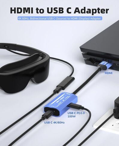 محول Yoidesu HDMI إلى USB C 4K @ 60 هرتز، محول HDMI ثنائي الاتجاه إلى النوع C، محول PD 100W USB C أنثى إلى HDMI ذكر لنظارات Air 2 Pro لنظارات Air 2s XR AR للتبديل in Kuwait