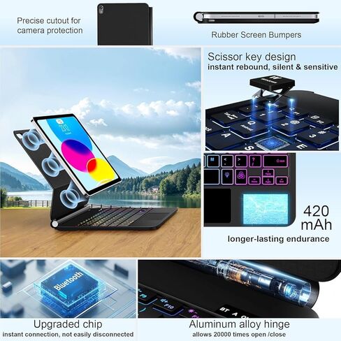 حافظة لوحة مفاتيح لجهاز iPad 11th (A16) والجيل العاشر، لوحة مفاتيح بإضاءة خلفية على الطراز السحري مع لوحة تتبع متعددة اللمس - حامل ناتئ عائم - حافظة مغناطيسية لجهاز iPad 11 بوصة والجيل العاشر 10.9 بوصة (أسود بارد) in Kuwait