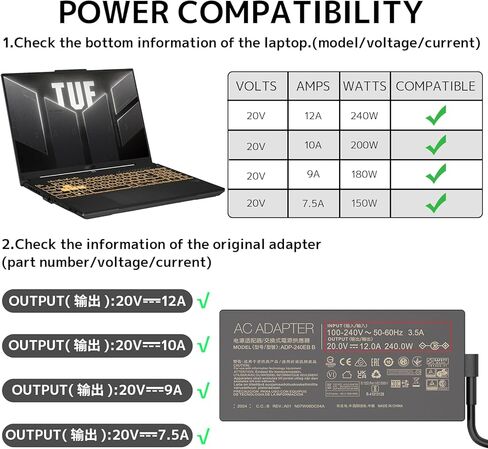 شاحن كمبيوتر محمول 240 وات مناسب لجهاز Asus TUF Gaming F15F16 F17 A15 A17 Vivobook Pro 15X 16X Flow X16 Zephyrus Duo 15 S M16 G14 G15 G16 S17 ROG Strix Scar 15 17 G15 G17 ProArt StudioBook 15 16 17 محول تيار متردد in Kuwait