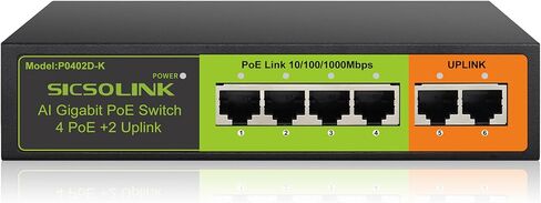 محول جيجابت 6 منافذ PoE+ (4 منافذ PoE+، 2 وصلة تصاعدية)، 802.3af/at، إجمالي الطاقة 65 وات، 1000 ميجابت في الثانية، غير مُدار، بدون مروحة، حافظة معدنية، مناسب لكاميرات IP وأجهزة الشبكات in Kuwait