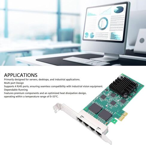 Yunseity Gigabit Ethernet PCIe Network Card, 4 Port RJ45 PCI Express 2.1 x1 Adapter with Slim Full Height Bracket, for Server Desktop Industrial Applications in Kuwait