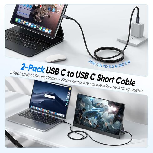 كابل بيانات USB C إلى USB C بطول 3 أقدام 2 حزمة، USB 3.2 Gen 2 Type C 20 جيجابت في الثانية نقل بيانات عالي السرعة 4K شاشة فيديو سلك عرض 100 وات شحن سريع وظيفة كاملة للهاتف، iPad، المحور، الكمبيوتر المحمول، الشاشة in Kuwait