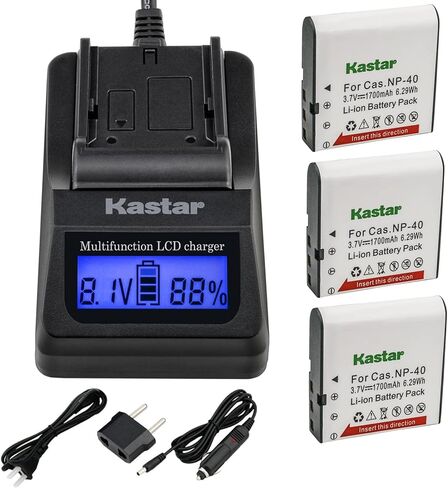 شاحن وبطارية Kastar 3 عبوات لـ Cas NP-40، NP-40DBA، NP-40DCA Exilim EX-Z400، EX-FC100، EX-FC150، EX-FC160S، Pro EX-P505، EX-P600، EX-P700، Zoom EX-Z100، EX-Z1000، EX-Z1050، EX-Z1080، EX-Z1200 in Kuwait