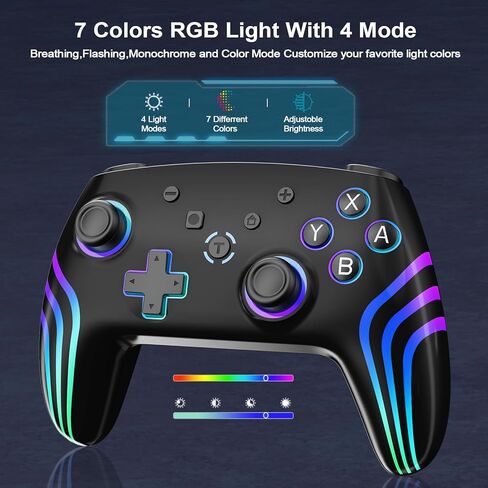 وحدة تحكم لاسلكية احترافية من HIKICESOM للتبديل/التبديل 2/Lite/OLED/PC، لوحة ألعاب مع 7 إضاءة RGB متغيرة الألوان/اهتزاز مزدوج/جيروسكوب 6 محاور/Turbo، عصا تحكم دقيقة مصممة هندسيًا (مفتاح أسود عميق) in Kuwait