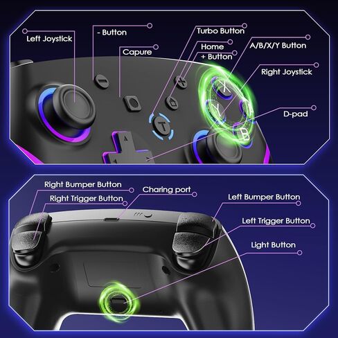 وحدة تحكم لاسلكية احترافية من HIKICESOM للتبديل/التبديل 2/Lite/OLED/PC، لوحة ألعاب مع 7 إضاءة RGB متغيرة الألوان/اهتزاز مزدوج/جيروسكوب 6 محاور/Turbo، عصا تحكم دقيقة مصممة هندسيًا (مفتاح أسود عميق) in Kuwait