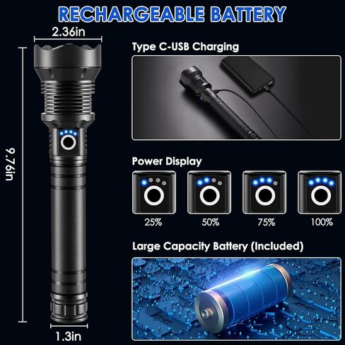 Flashlights High Lumens Rechargeable, Heavy Duty Flashlight Rechargeable, Super Bright LED Flashlight with 5 Modes, Adjustable Powerful Flash Light, Handheld Tactical Flashlights for Home Emergencies in Kuwait
