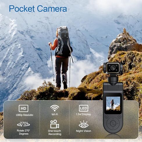 Pocket Body Camera with Audio & Video Recording Vlogging Camera Portable Video Recorder with 180° Rotating Lens Handheld POV Cameras with Night Vision for Sport/Outdoor/Riding in Kuwait