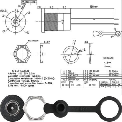 DC-022D 5.5 x 2.1mm Female DC Power Jack Threaded Panel Mount Barrel Connector Adapter with Waterproof Cover Cap, 6 Pack in Kuwait
