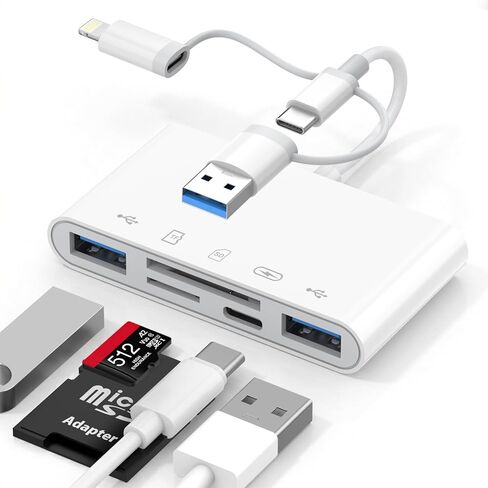 قارئ بطاقة ذاكرة 5 في 1، محول USB OTG وقارئ بطاقة SD لجهاز iPhone iPad، النوع C/Lightning/USB A مع 5 فتحات PD 60W/بطاقة USB مزدوجة/TF/SD، محول الكاميرا يدعم SD/Micro SD/SDHC/SDXC/MMC in Kuwait